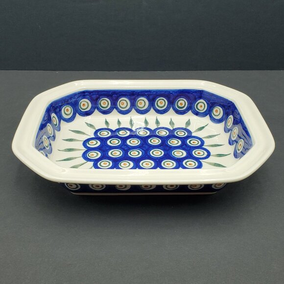 Polish Pottery Peacock Leaves 10" Baker Rectangular Octagonal BakingServing Dish - Picture 2 of 11